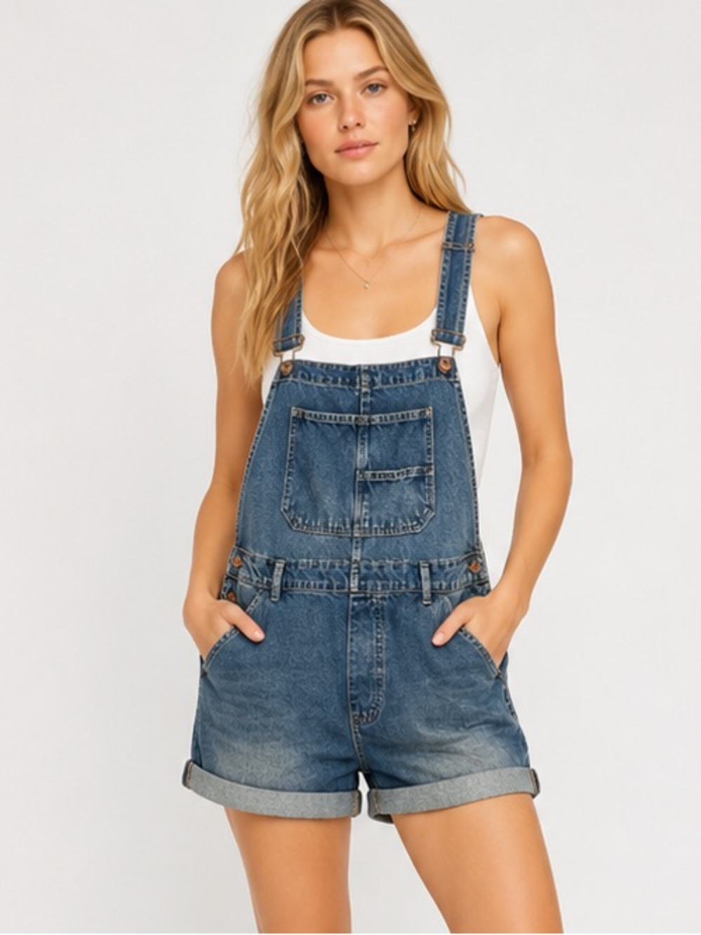 We The Free People Ziggy Shortall Glory Days Indigo Denim Overalls XL NWT